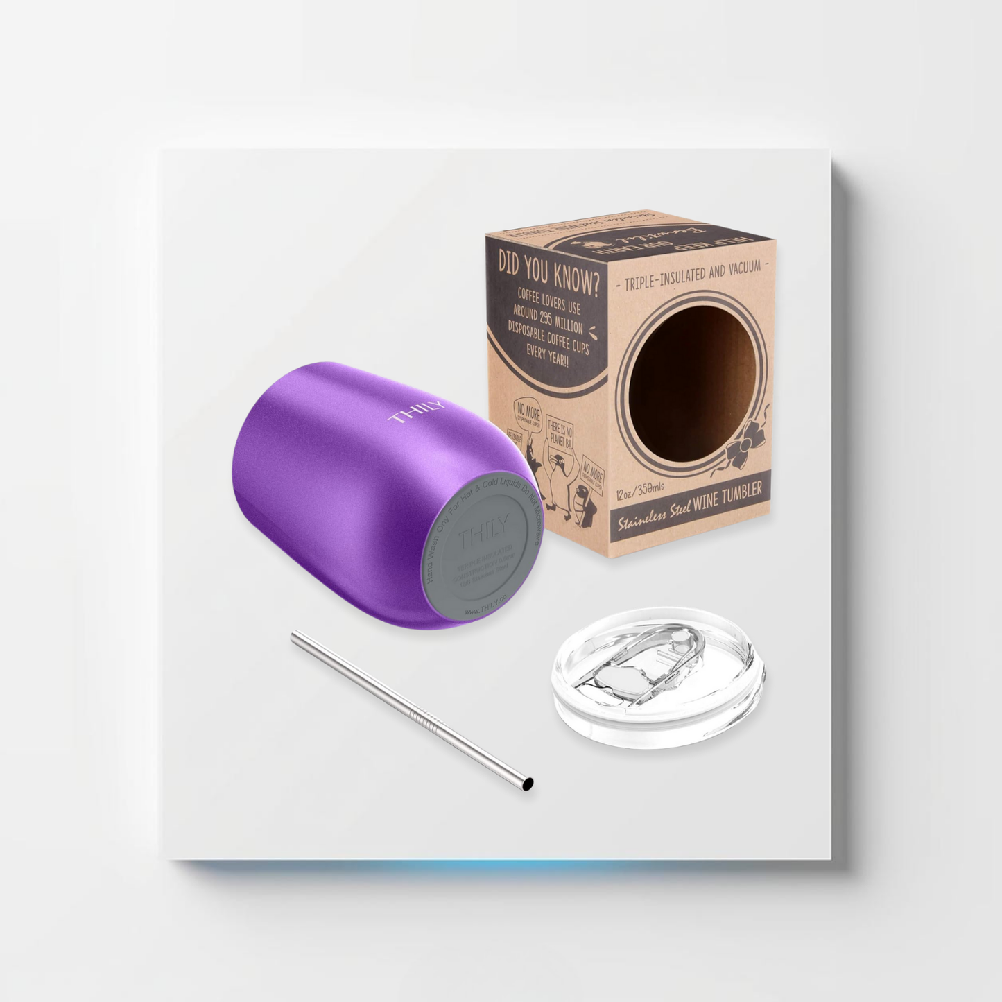 Vacuum Insulated Stemless Wine Tumbler – Triple-Layer Stainless Steel with Lid & Straw (12 Oz)