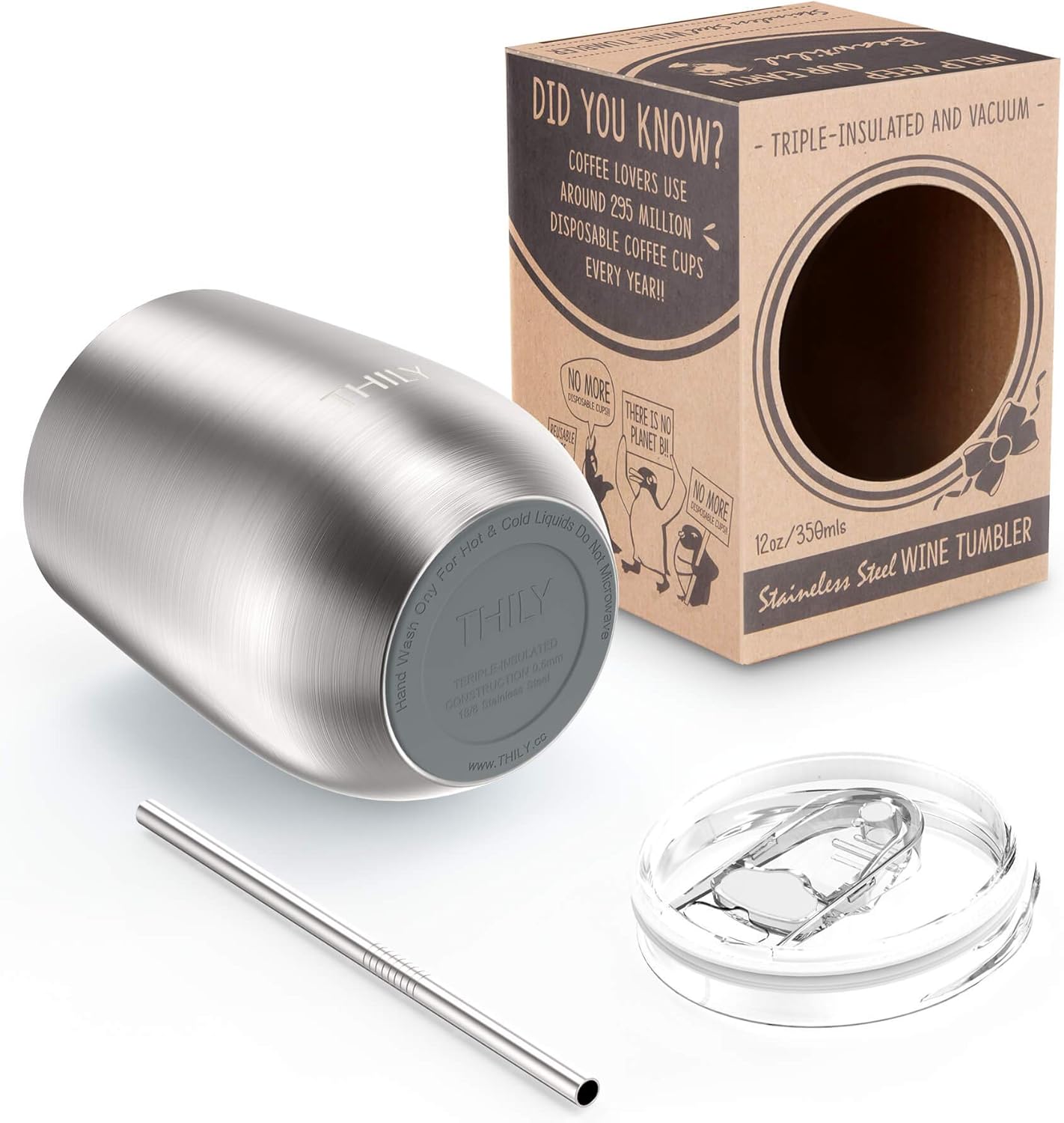 Vacuum Insulated Stemless Wine Tumbler – Triple-Layer Stainless Steel with Lid & Straw (12 Oz)