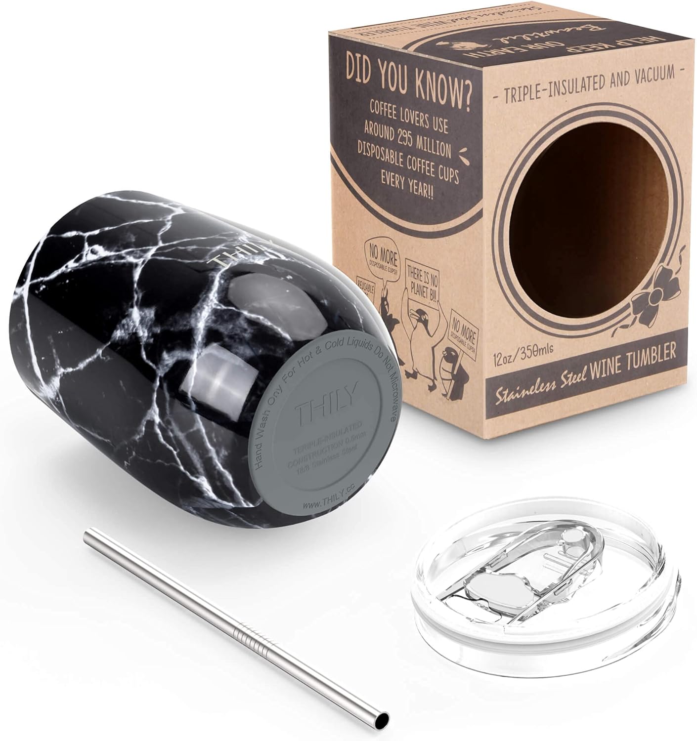 Vacuum Insulated Stemless Wine Tumbler – Triple-Layer Stainless Steel with Lid & Straw (12 Oz)