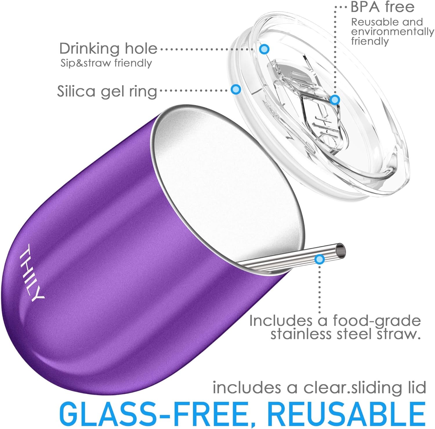 Vacuum Insulated Stemless Wine Tumbler – Triple-Layer Stainless Steel with Lid & Straw (12 Oz)