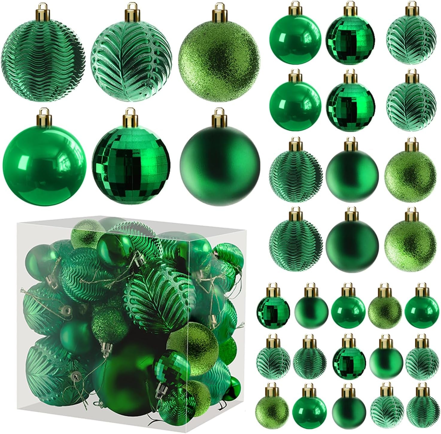 36-Piece Green Christmas Ornaments Set – Shatterproof Tree Balls in 3 Sizes