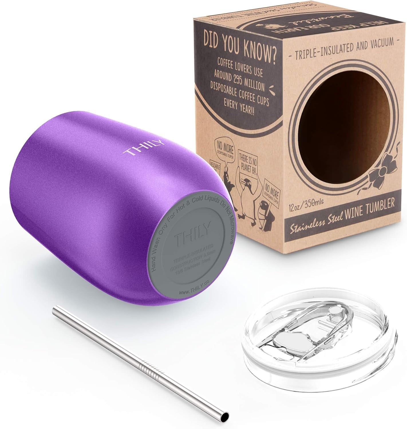 Vacuum Insulated Stemless Wine Tumbler – Triple-Layer Stainless Steel with Lid & Straw (12 Oz)