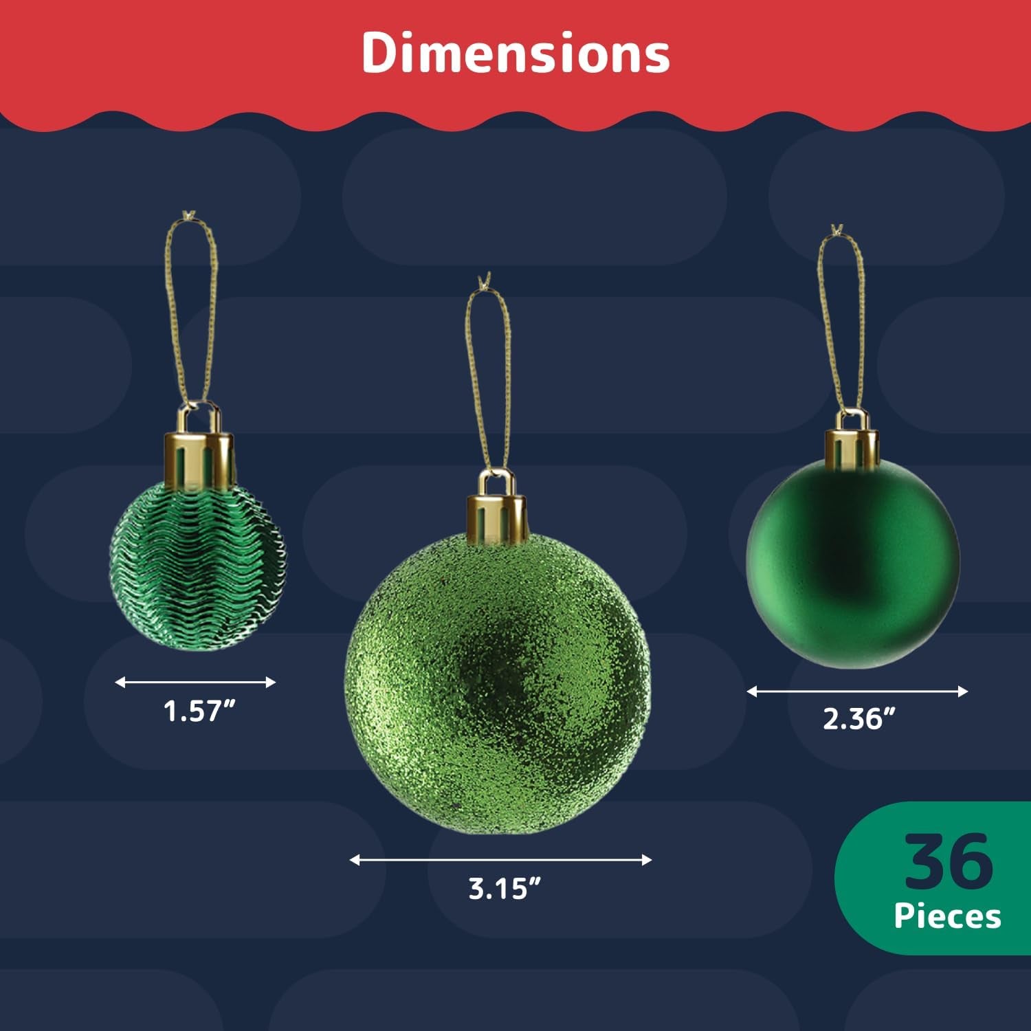 36-Piece Green Christmas Ornaments Set – Shatterproof Tree Balls in 3 Sizes